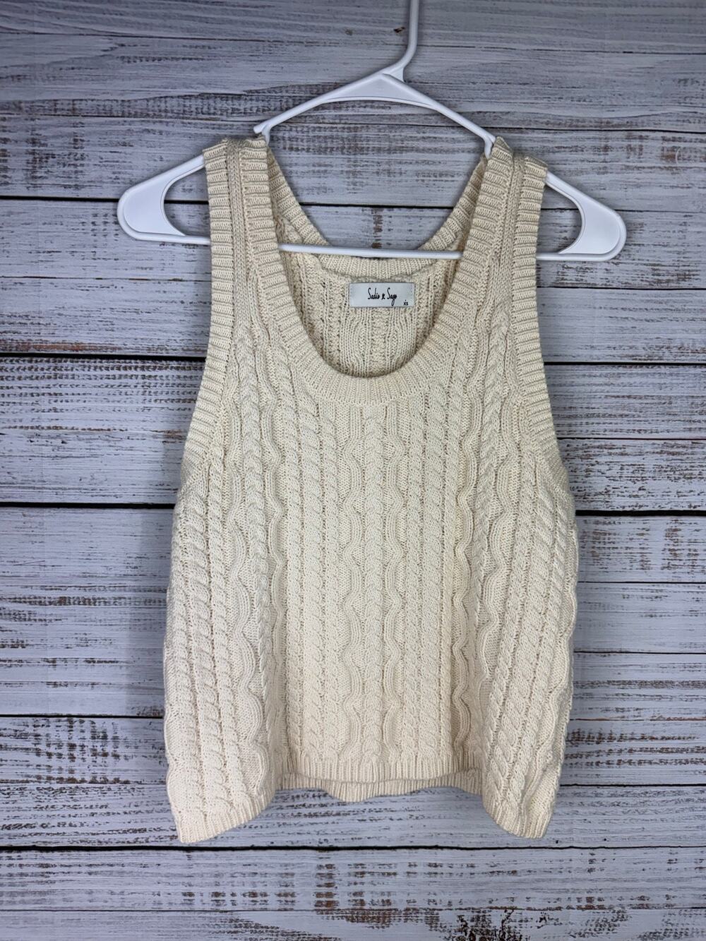 Sadie & Sage Crochet Knit Sweater Tank Top Boho Hippie Coastal Cream XS Cotton